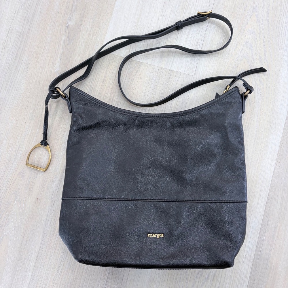 Margot New York Black Pebbled Leather Crossbody Bag Gold Hardware Stirrup Charm